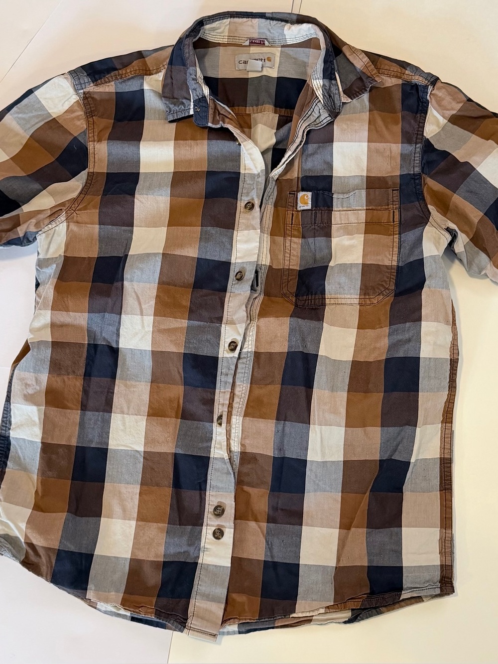 Carhartt Men’s Plaid Short Sleeve Button Front Shirt Brown/Tan/Black/Gray Cotton